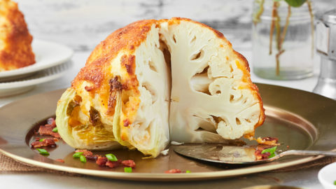 Keto Whole Roasted Cheddar Bacon Cauliflower Recipe