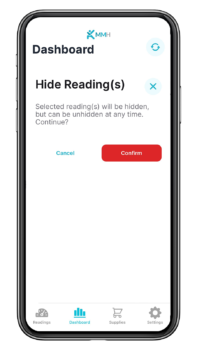 Screenshot to confirm hide readings on MyMojoHealth app.
