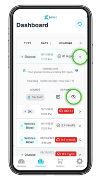 Screenshot of where to hide readings on MyMojoHealth app