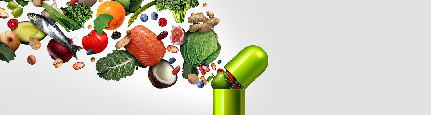 Pill with keto friendly food coming out of it